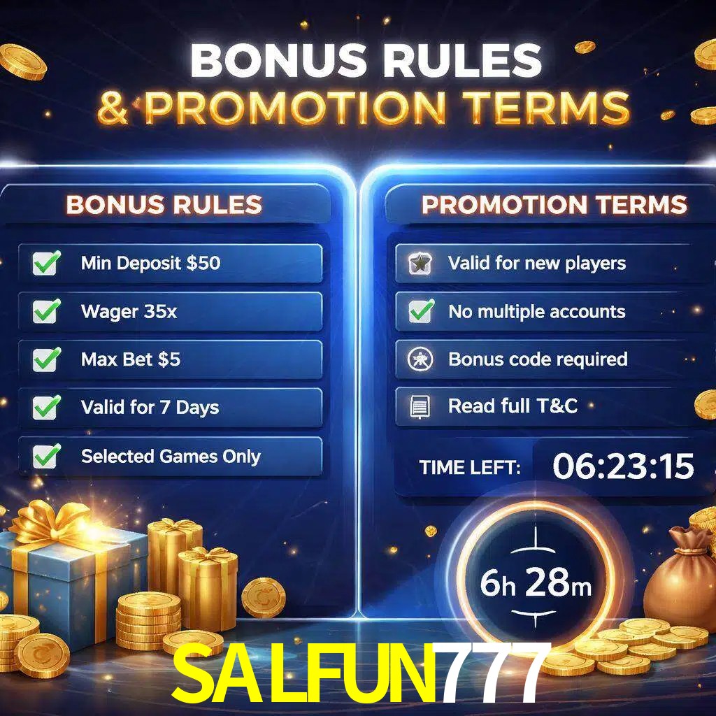 Reglas de promoción SALFUN777 y condiciones de bonos explicadas visualmente