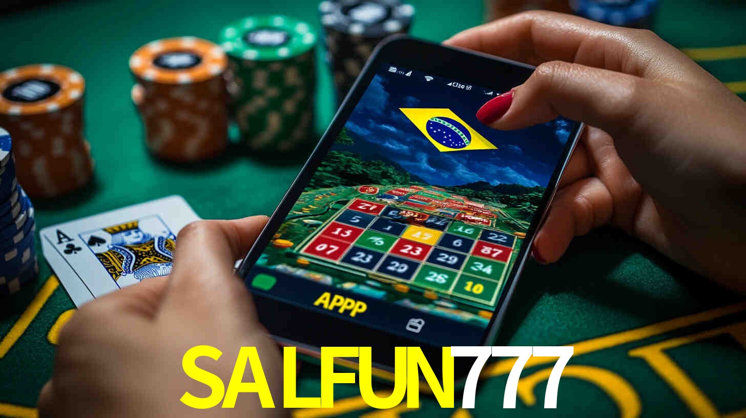 Una escena digital vívida inspirada en casino con SALFUN777 mostrado prominentemente, luces brillantes, fichas, cartas y acentos dorados.