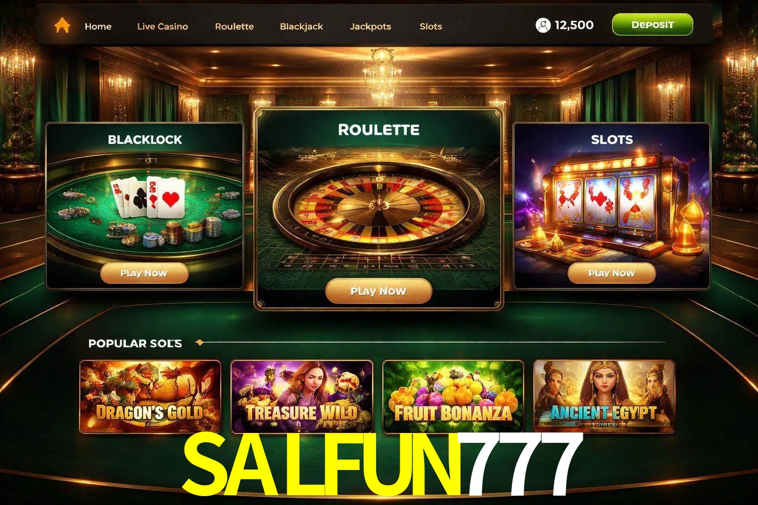 Vista de la plataforma SALFUN777 Casino mostrando categorías organizadas de juegos en línea