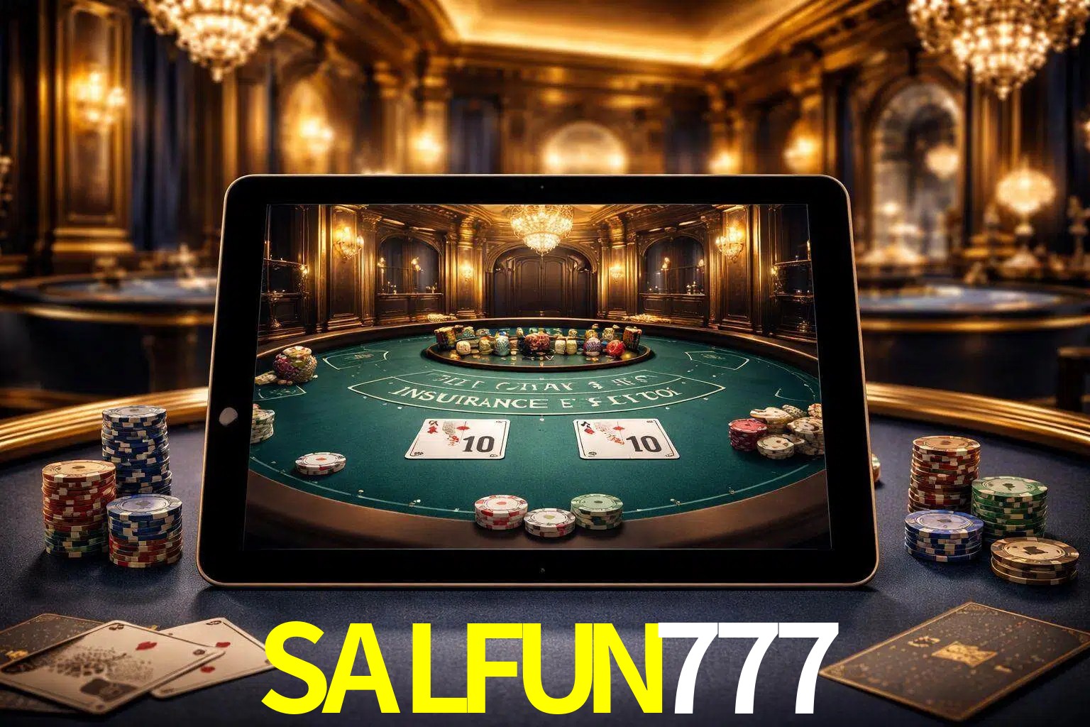 Configuración moderna de casino en vivo con una tableta mostrando una mesa de blackjack, luces cálidas de estudio y una atmósfera elegante de juegos digitales.