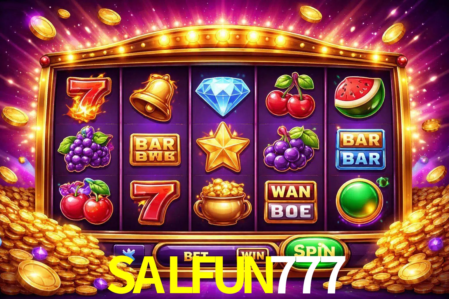 Una interfaz colorida de tragamonedas en línea con símbolos brillantes, monedas y un efecto de victoria celebratoria en SALFUN777.
